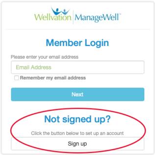 ManageWell Member Login dialog box with the "Not signed up?" section circled in red